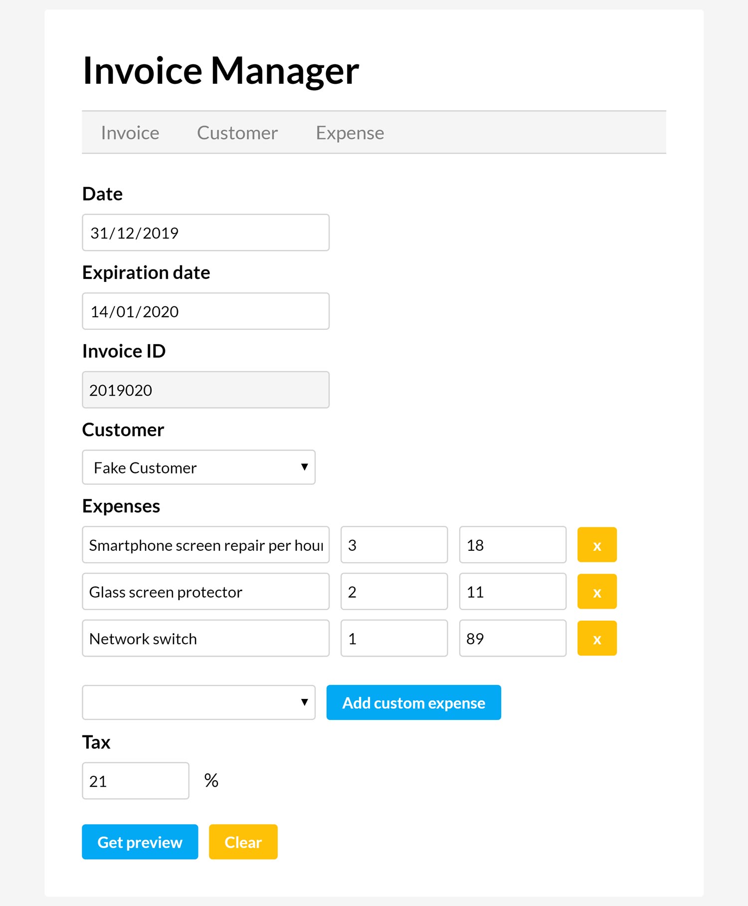 invoice manager form for inputting invoices