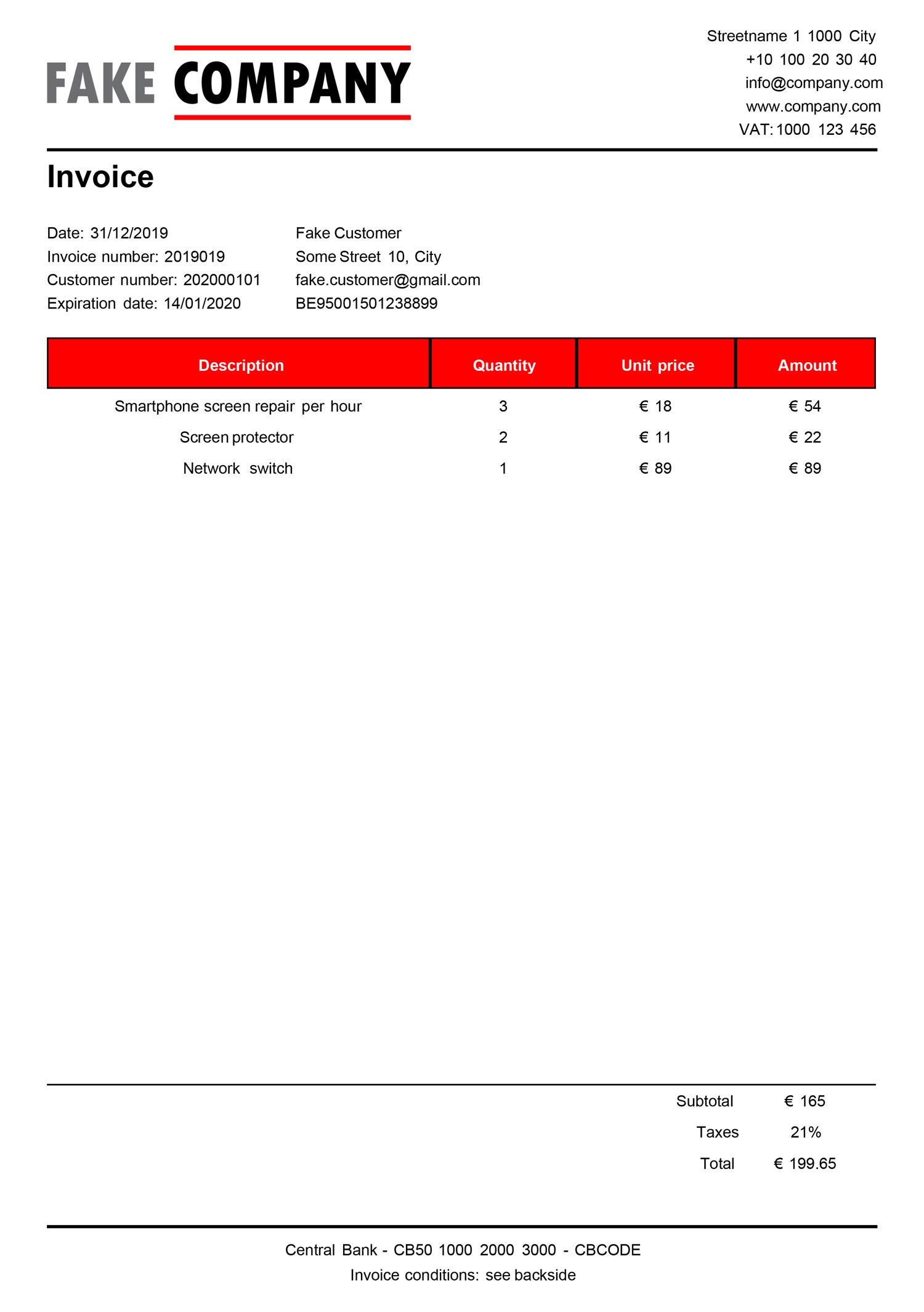 Invoice pdf generated by the invoice manager