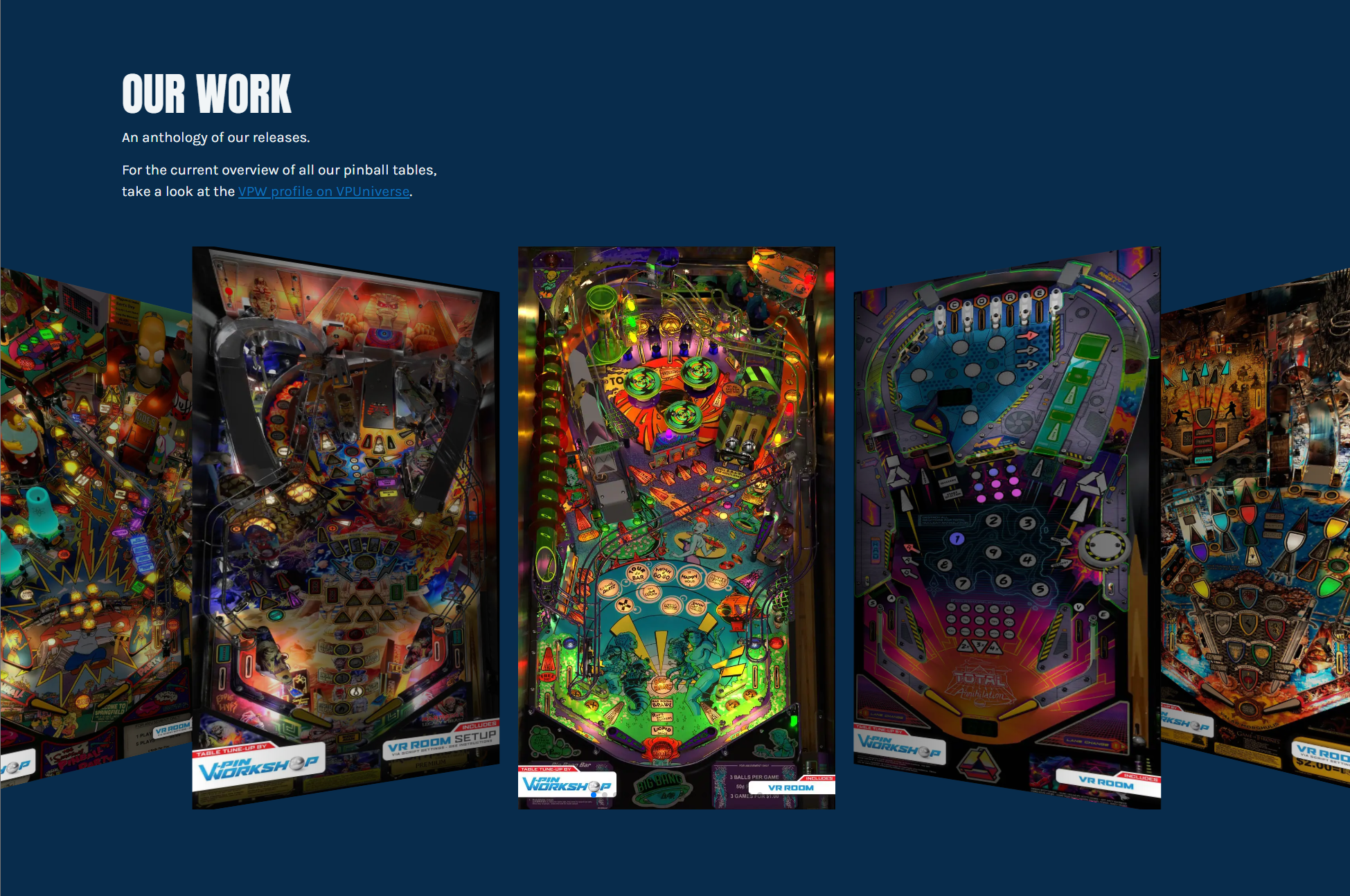 Screenshot of the VPW website with a carousel with digital pinball recreations done by VPW