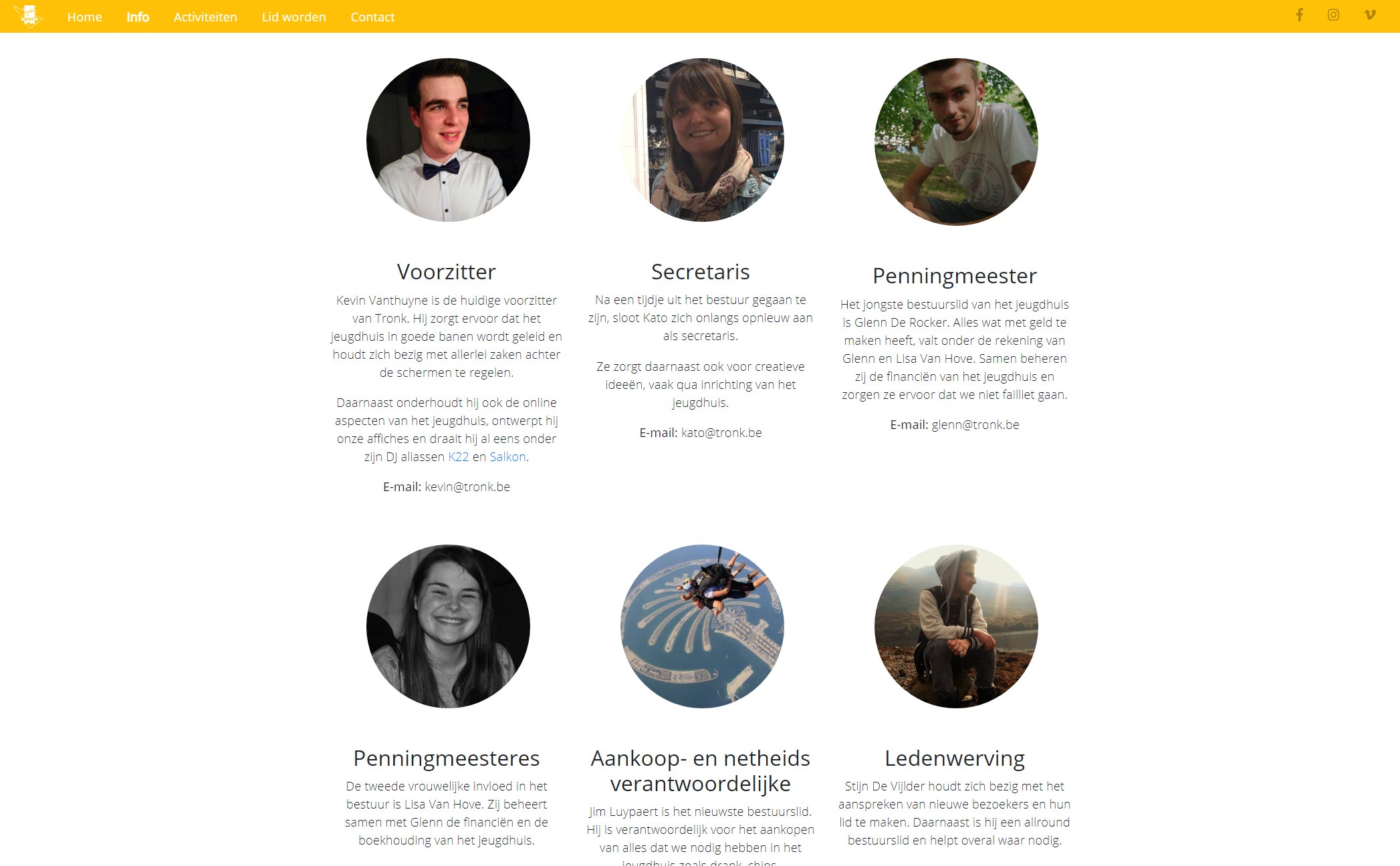 Screenshot of the Jeugdhuis Tronk website's boardmembers section